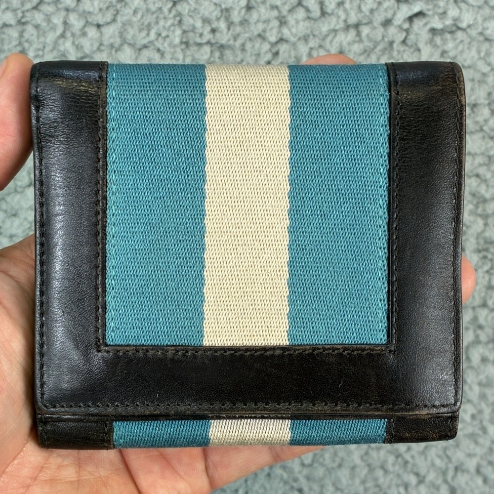 Bally Tulliana Men's Brown Teal Striped Bi-Fold Wallet Luxury Italy Card Case